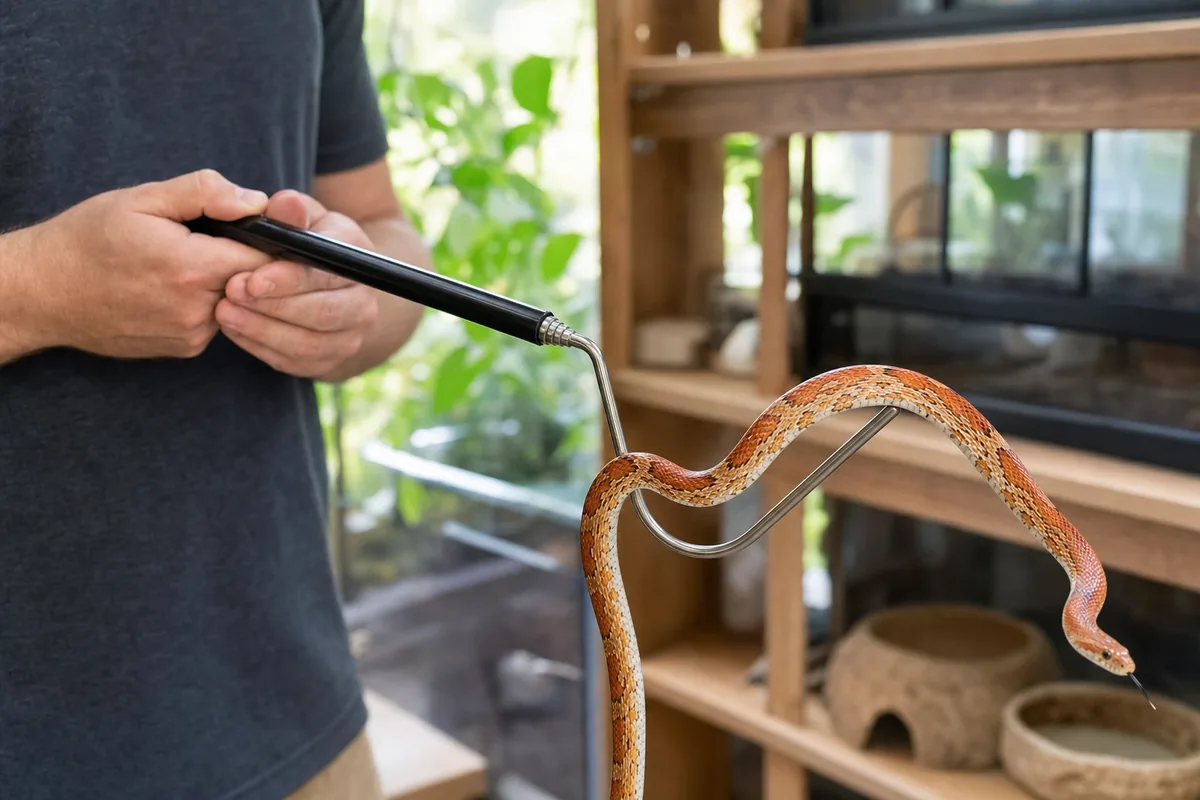 Keeper lifting a corn snake on the curved head of the Herpaxe snake hook