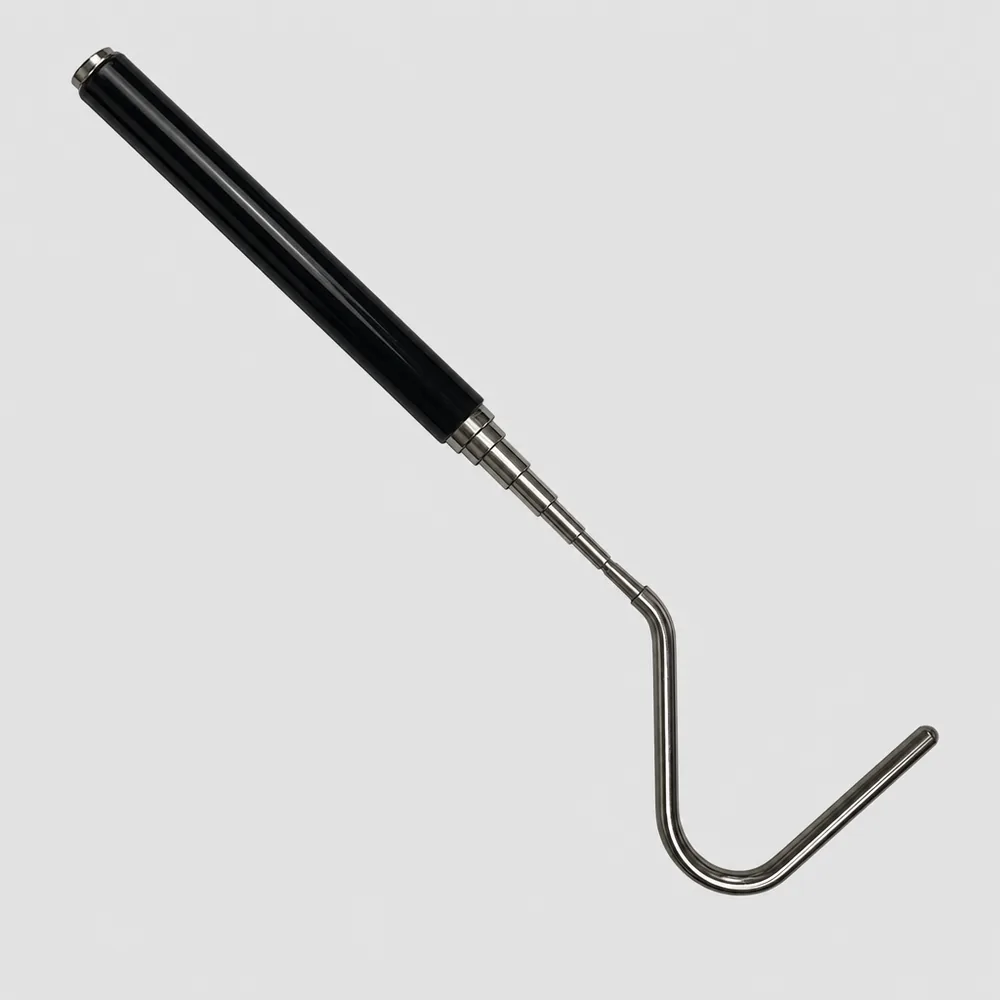 Detail of the six telescoping sections of the stainless steel shaft partly extended