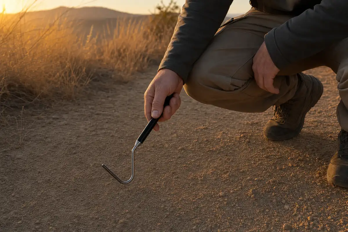 Herper crouching on a dirt road at dusk with a snake hook resting across one knee